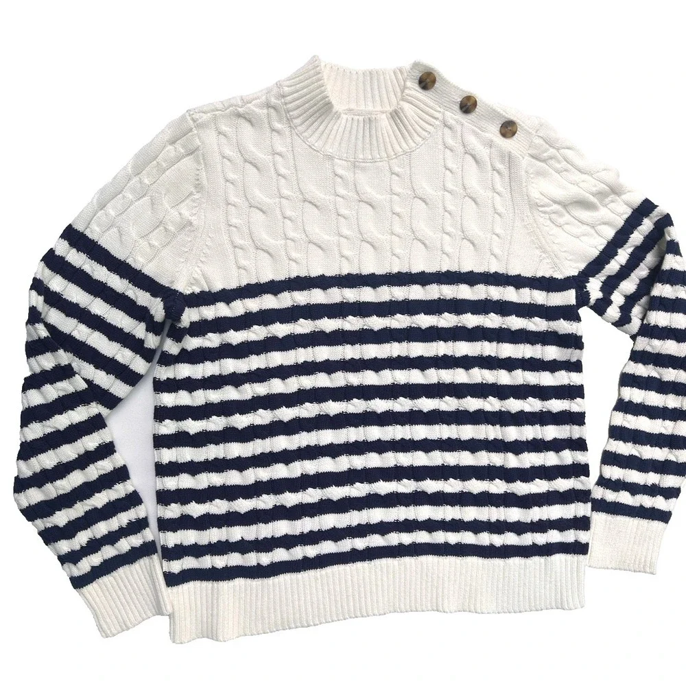 Lands End Stripe Sweater Fisherman Coastal Preppy Size L